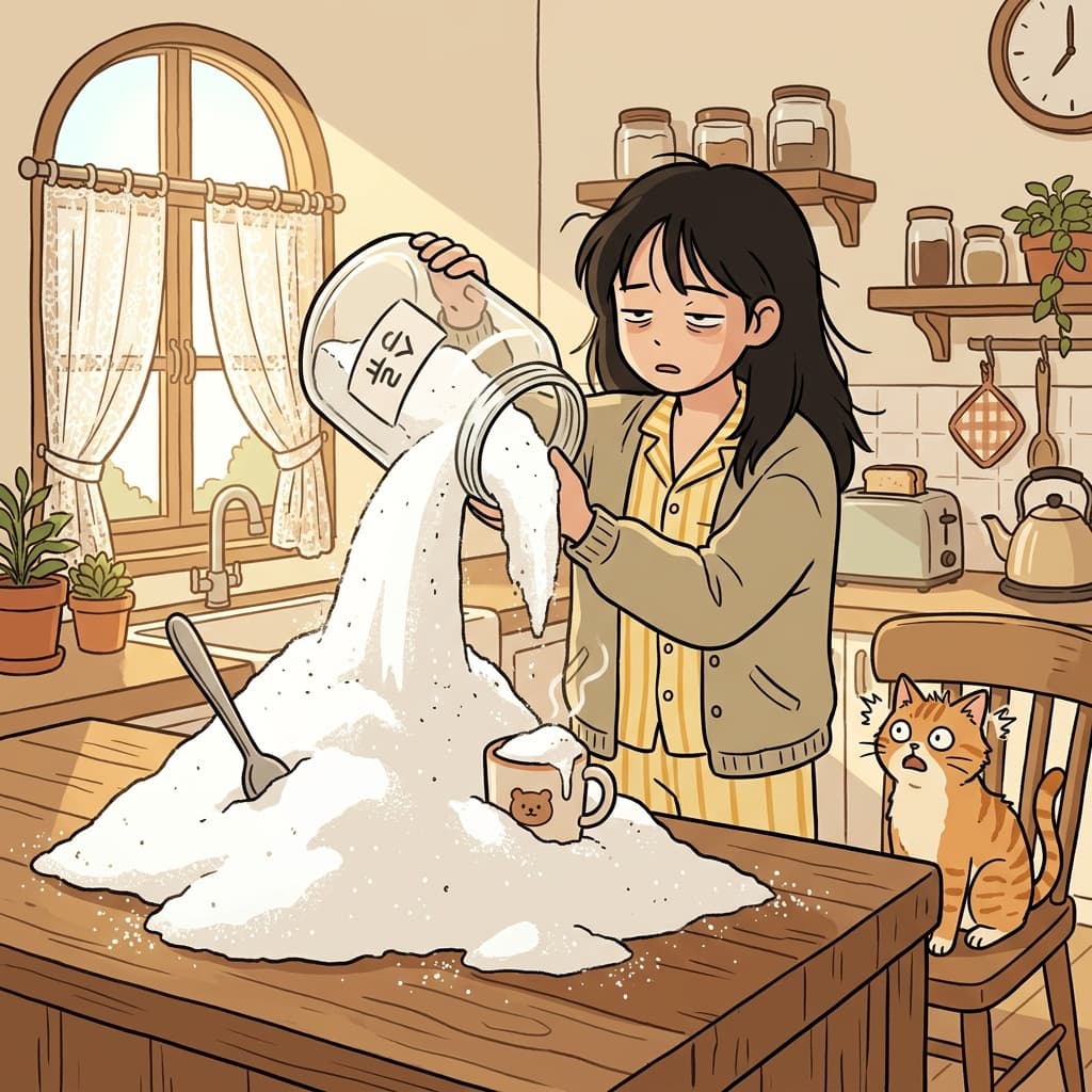 실수로 커피에 설탕을 엄청 많이 부어버렸다.