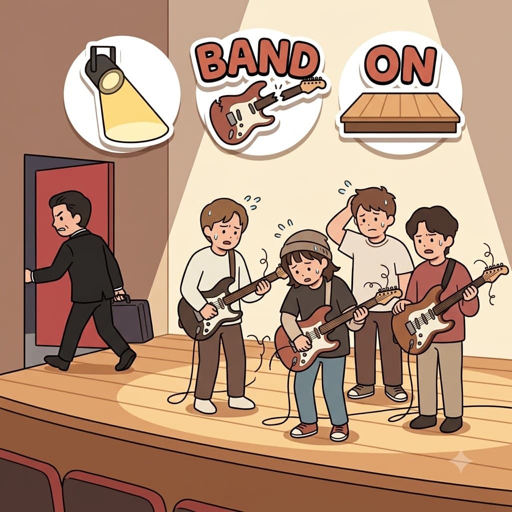 A(하나의) + BAND(밴드) + ON(무대 위) — 버려진(abandoned) 밴드는 텅 빈 무대 위에 홀로 남아 있었다.