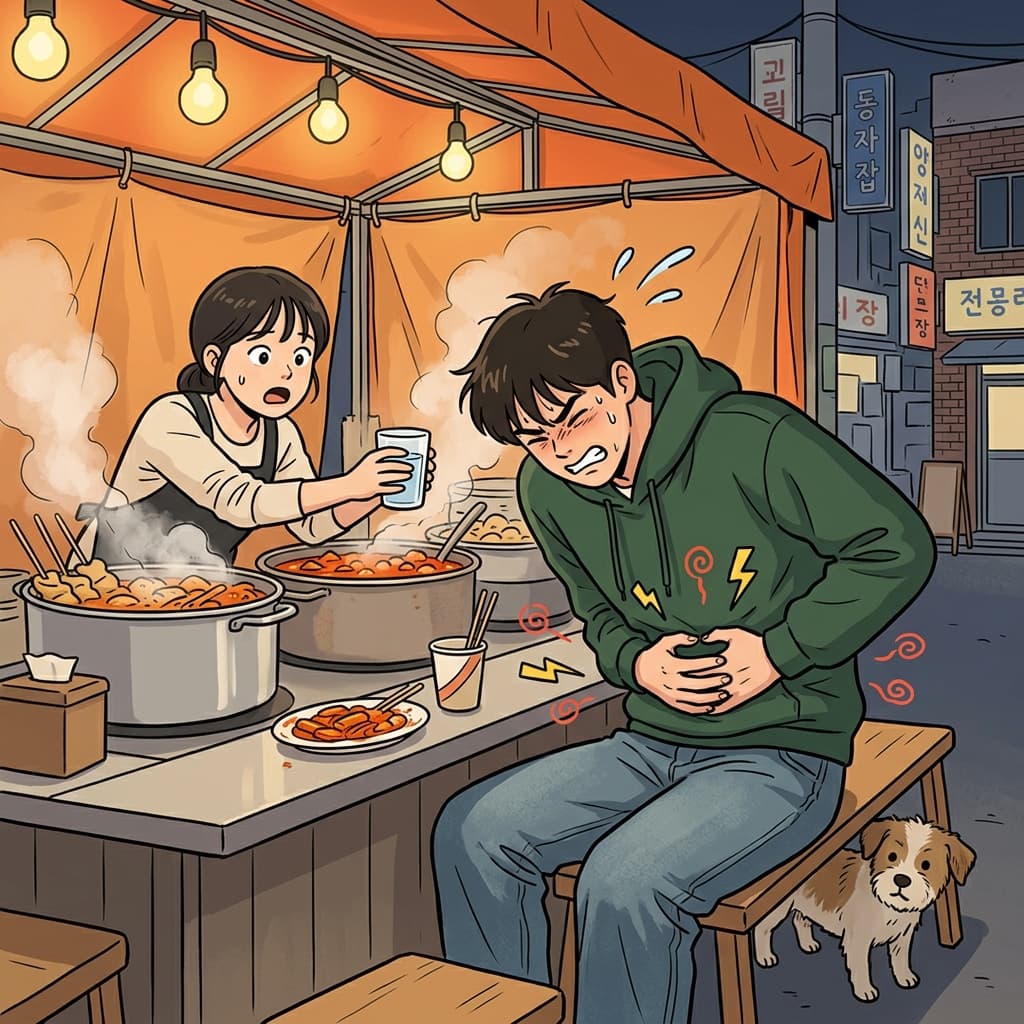 매운 음식을 먹고 나서 그는 배를 움켜쥐고 괴로워했다.