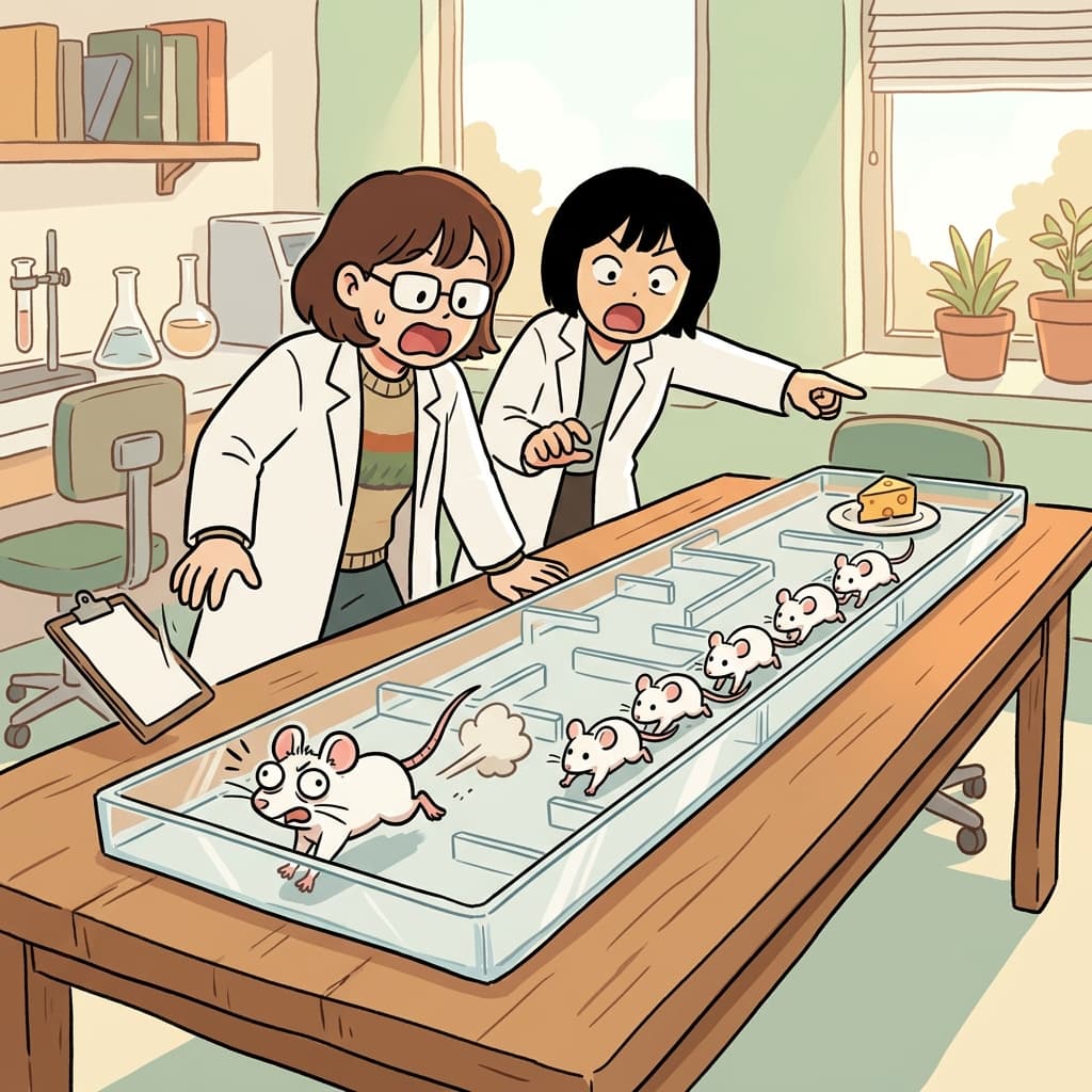 실험실 쥐 한 마리만 거꾸로 달리고 있다, 완전 이상 행동이다.