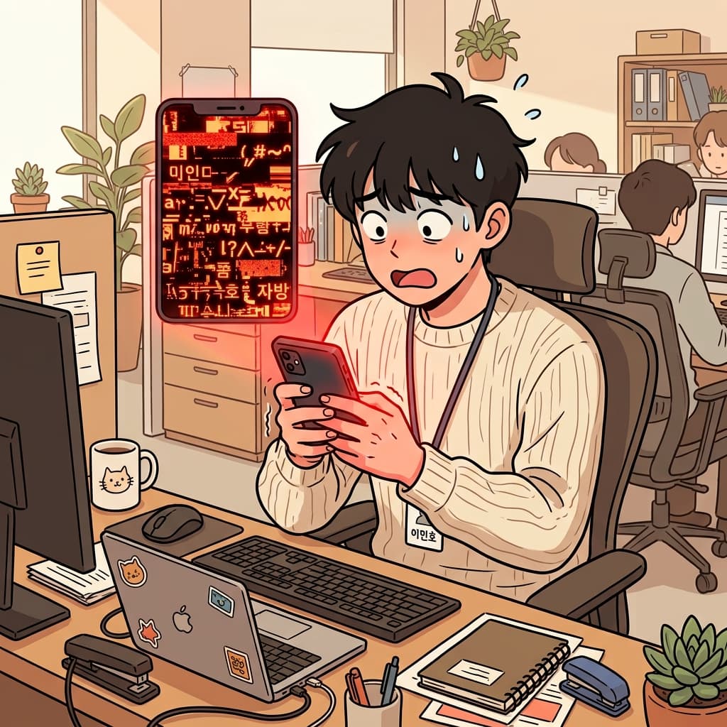 스마트폰 화면이 비정상적으로(abnormally) 깜빡여 모두가 당황했다. (앱(app) 노멀(normal) → 앱이 노멀하지 않게 작동한다.)
