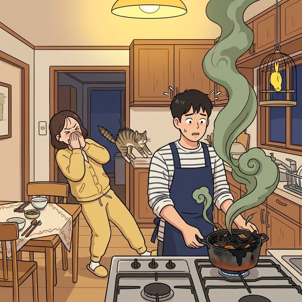 생선 스튜를 새까맣게 태워서 부엌 냄새가 정말 끔찍했다.