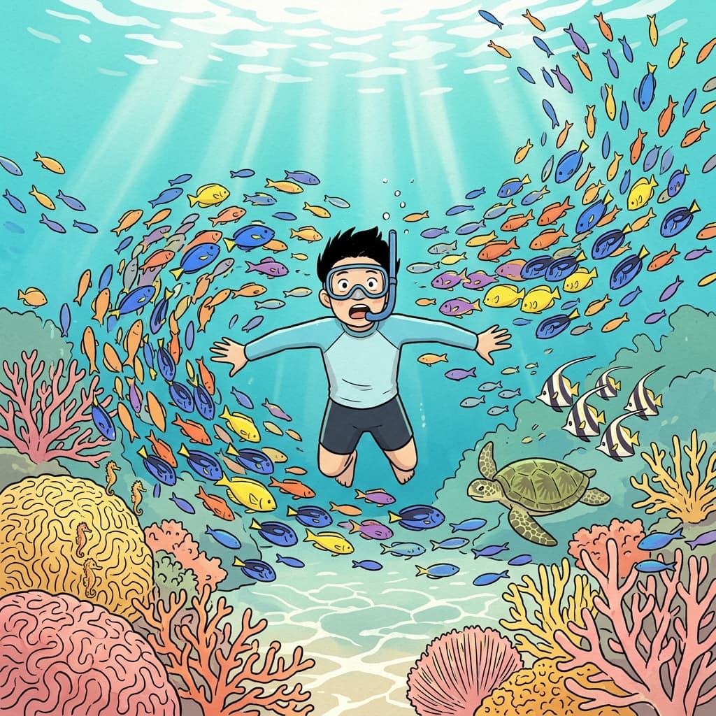 이 산호초에는 알록달록한 물고기가 정말 많아.