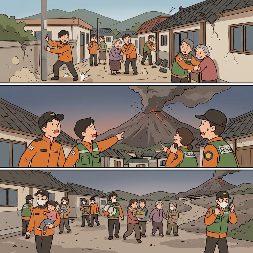 갑작스러운 지진으로 화산이 분화했고 구조 작업은 중단되었다.