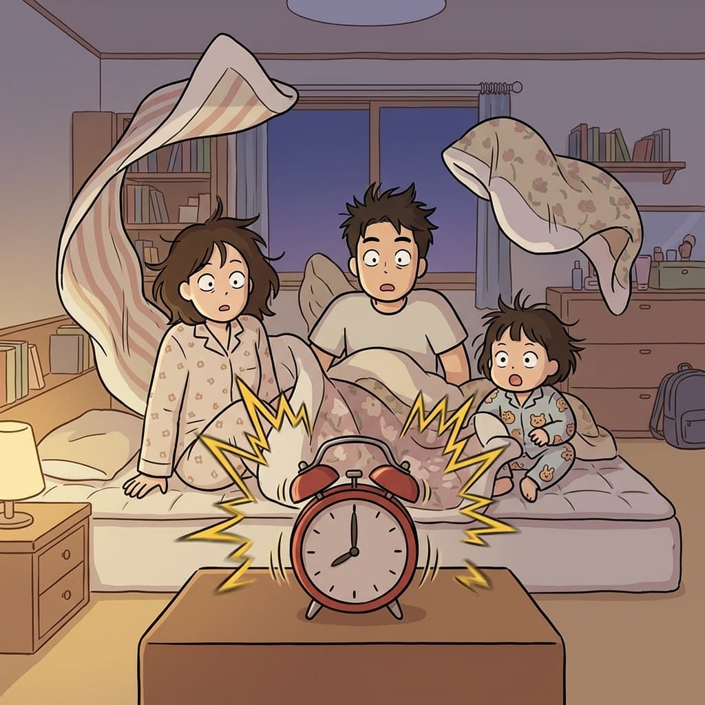 경보음이 갑자기 울려 모두가 즉시 깨어났다. ("아! 불!" 갑자기 화재경보가 울린다.)