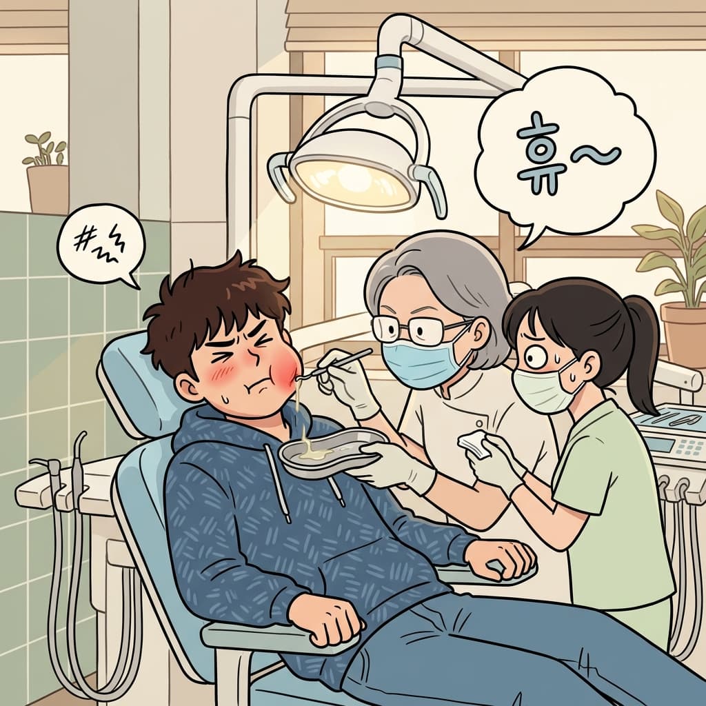 치과 의사가 부어오른 턱에서 고름을 빼낸다.