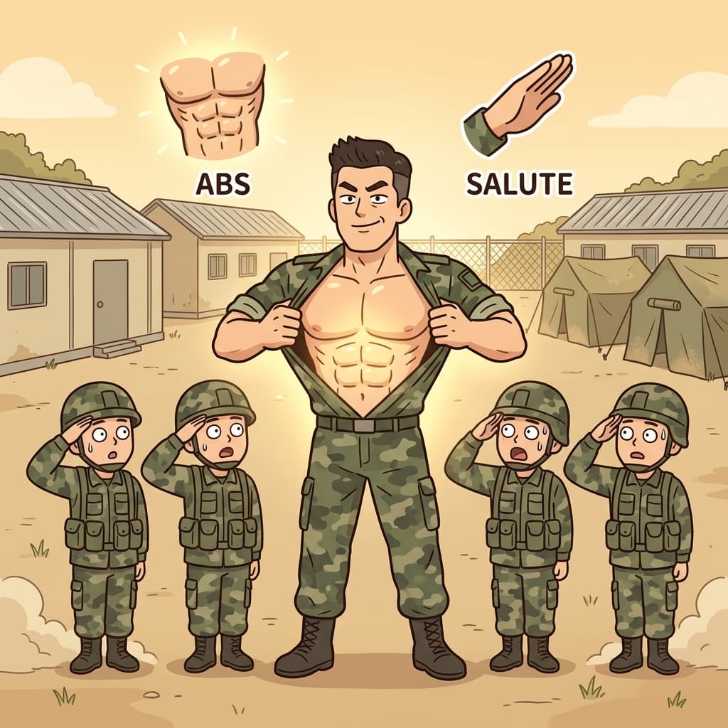 ABS(복근) + SALUTE(경례) — 장군의 완벽한 복근은 전 분대원의 절대적인 경례를 이끌어냈다.