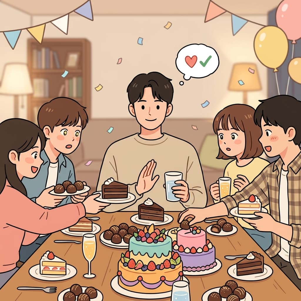 파티에서 디저트를 멀리하고 물만 마셨다.