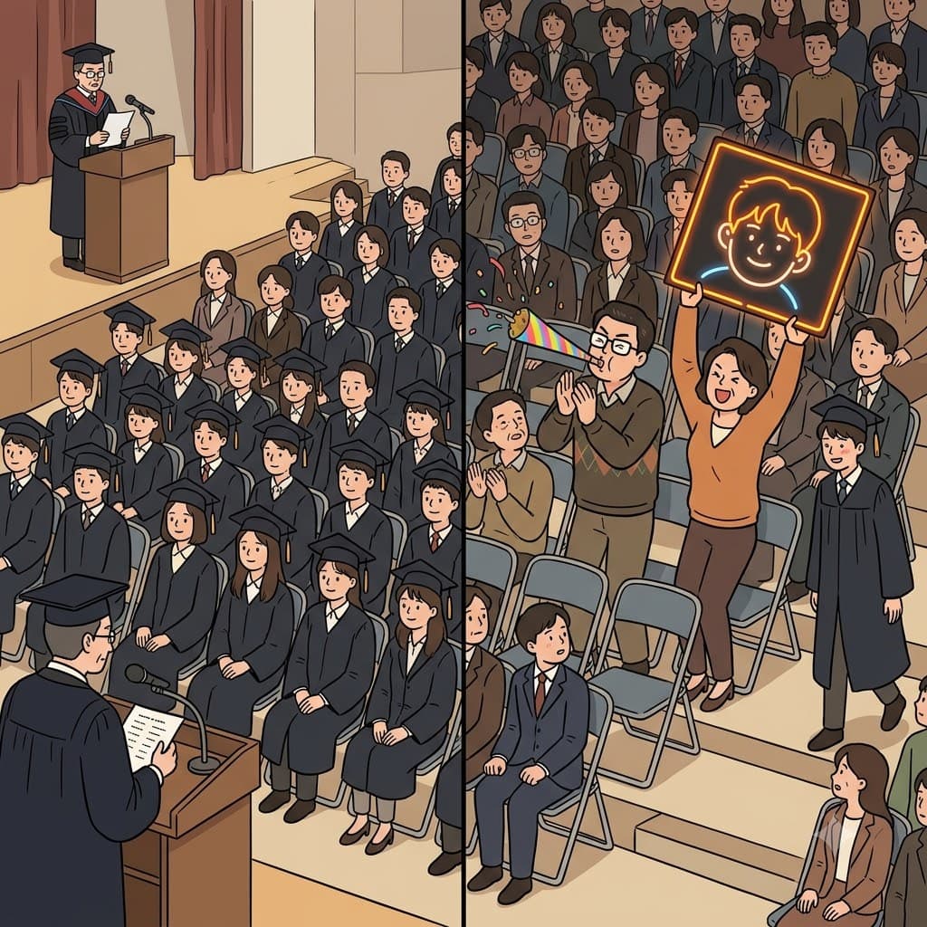 엄숙한 졸업식(graduation)에서, 자랑스러운 부모님은 큰 환호(acclamation)로 정적을 깨뜨렸다.