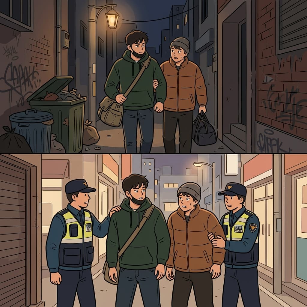 공범(accomplice)은 도둑과 함께(accompany) 움직이다가 결국 경찰(police)에게 함께 붙잡혔다.
