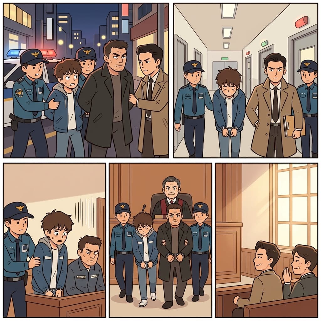 공범(accomplice)은 경찰서(office)로 연행됐고, 마침내 정의(justice)가 실현되었다.
