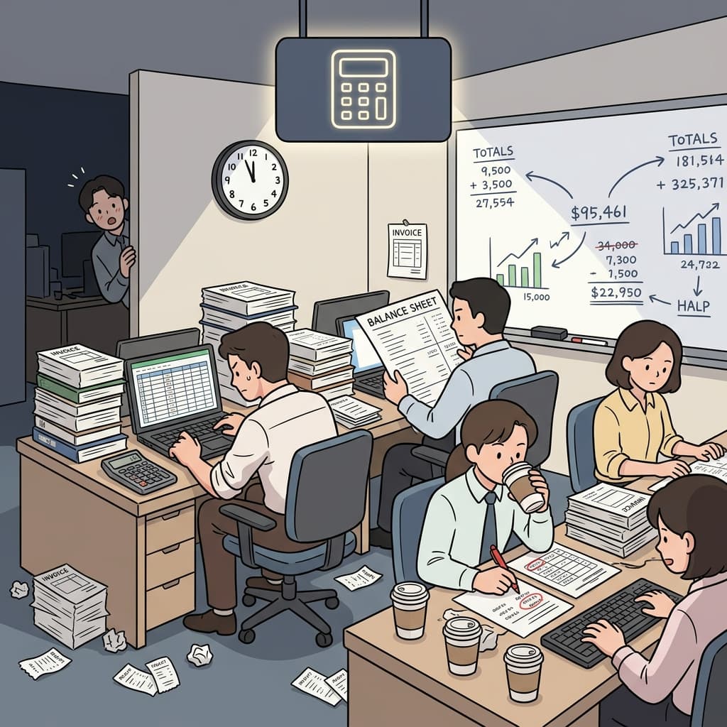 회계부는 분기 마감 맞추느라 밤늦게까지 야근 중이다.