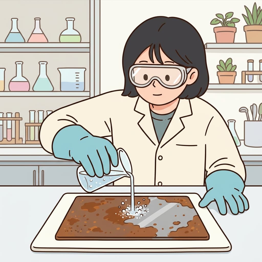 실험실에서 산(acid)은 녹슨 금속을 빠르게 녹였다.