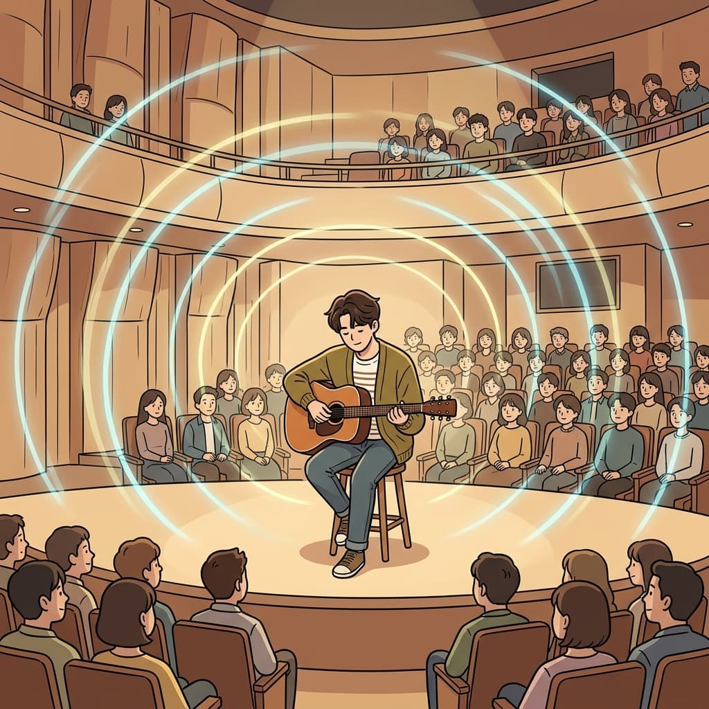 좋은 음향(acoustics)은 어쿠스틱(acoustic) 음악을 공연장 전체에 아름답게 울려 퍼지게 한다.