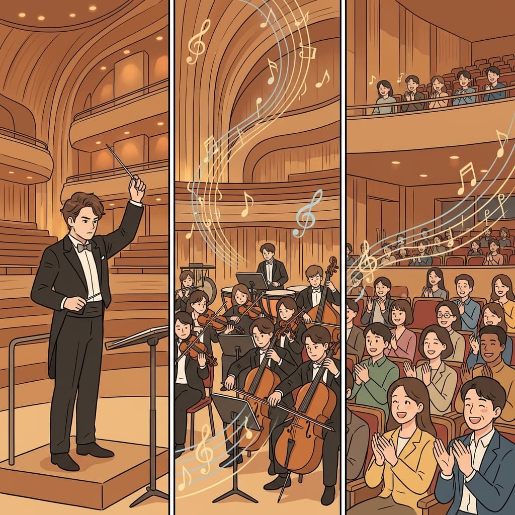 뛰어난 음향(acoustics)은 아름다운 음악(music)을 모든 관객(audience)에게 선명하게 전달했다.