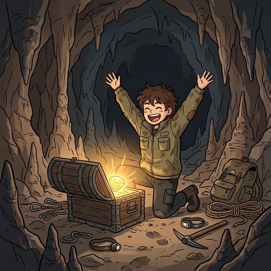 긴 여정 끝에 마침내 숨겨진 보물을 획득했다. ("아! 구했어!" 하고 두 손으로 보물을 번쩍 들어 올린다.)