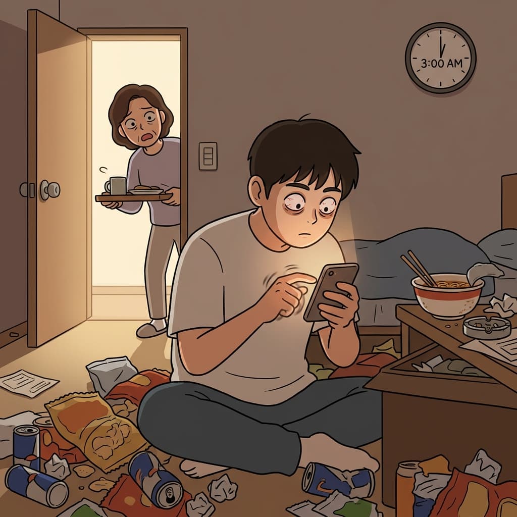 그는 모바일 게임에 완전히 중독돼서 밥 먹는 것도 까먹는다.
