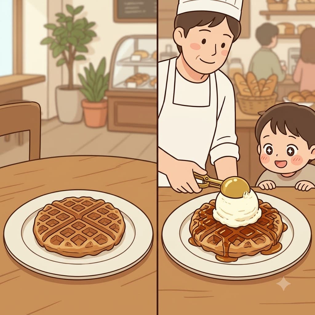 아이스크림 한 스쿱의 추가(addition)가 단순한 와플을 더욱 맛있는 디저트로 만들어 주었다.
