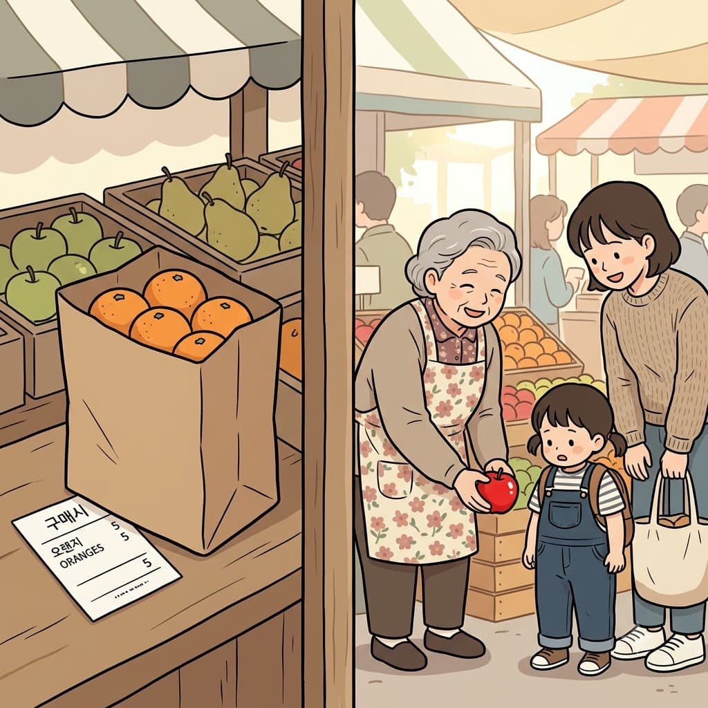 "귀여운 애(ad) 손님 뒤(di) 주머니에 셔(tio)원한 덤 선물 하나 더 널(nal/넣을)게!" 과일 가게 주인은 추가의(additional) 사과를 건넸다.
