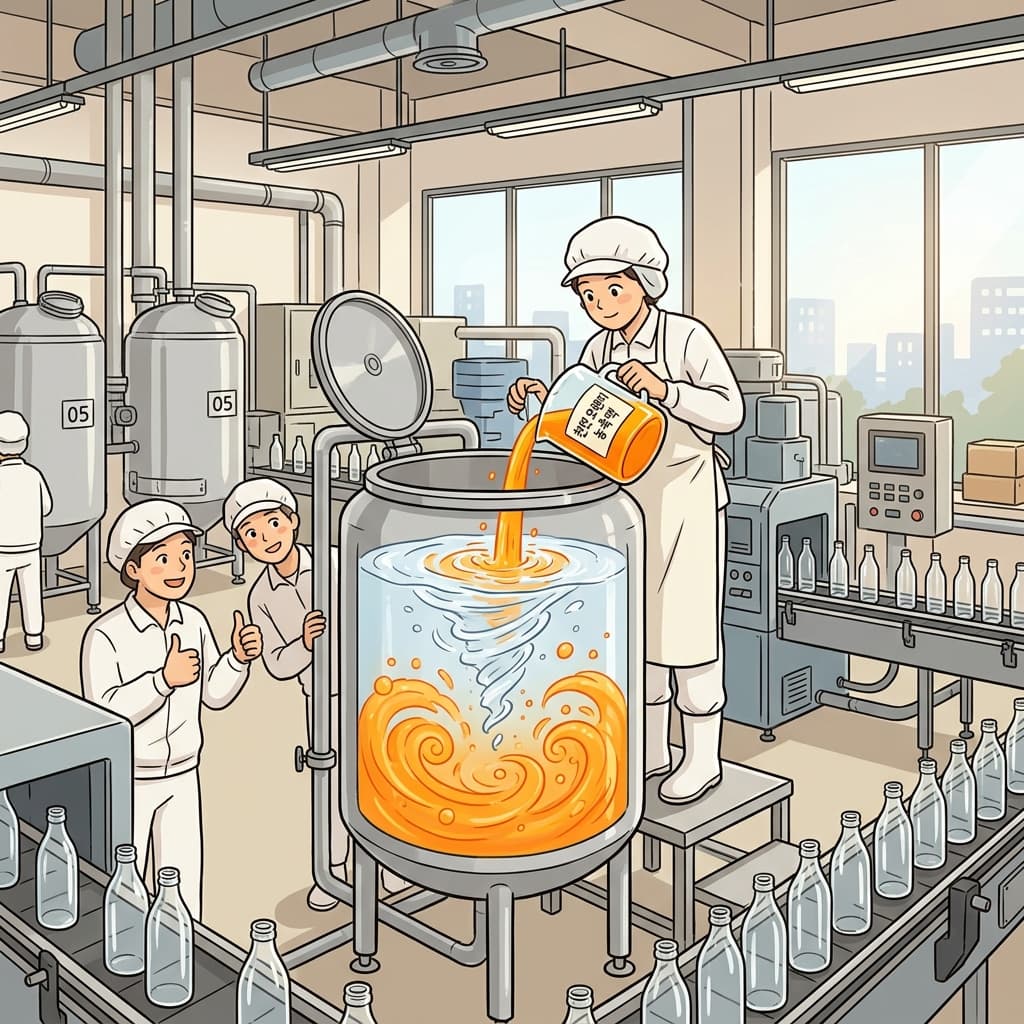 공장 직원이 음료 탱크에 알록달록한 첨가제를 붓고 있다.