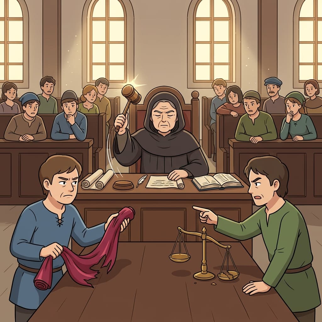 판사가 두 상인의 분쟁을 공정하게 판결한다.