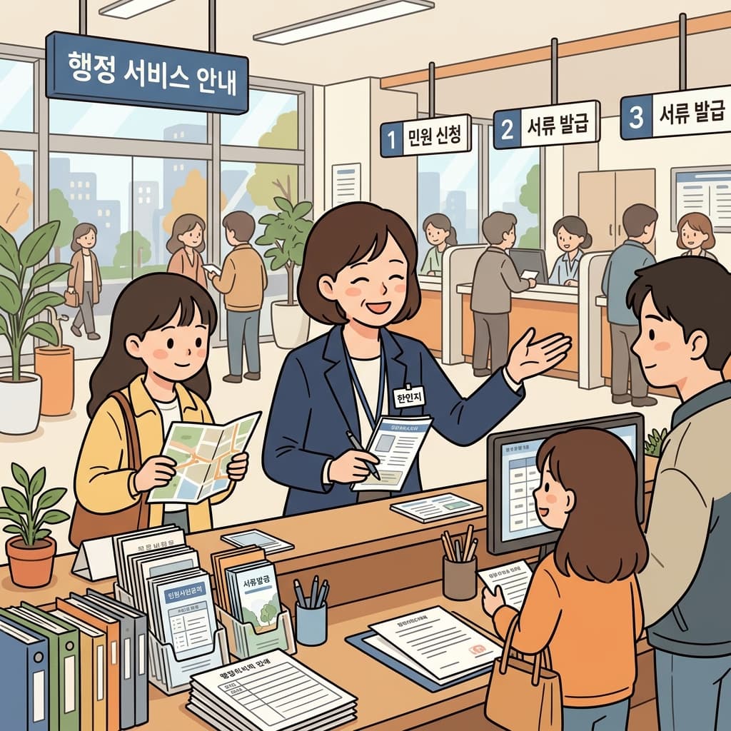 행정 직원은 방문객들을 올바른 민원 창구로 안내했다. ("안내 미스터!" → 안내를 맡은 직원이 행정 업무를 처리한다)