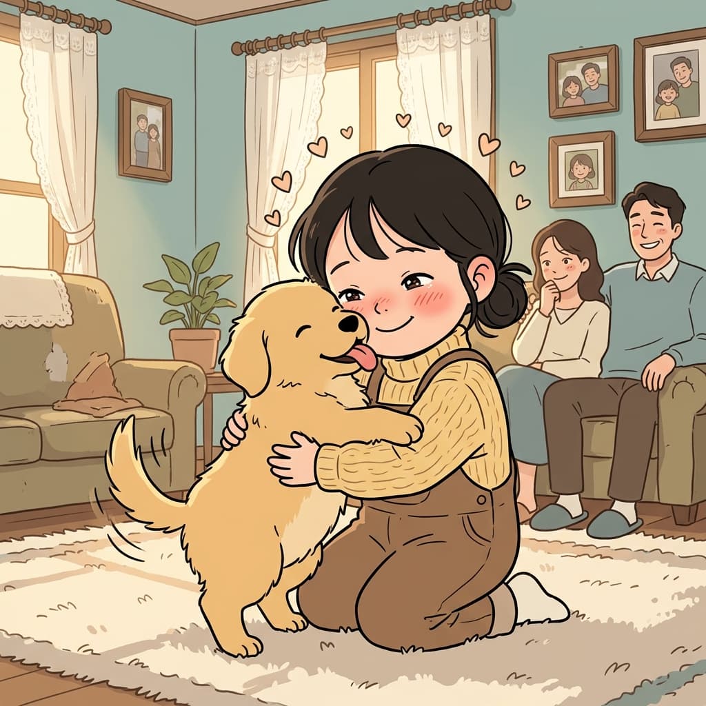 그 아이는 새로 온 강아지를 진짜 너무너무 좋아한다.