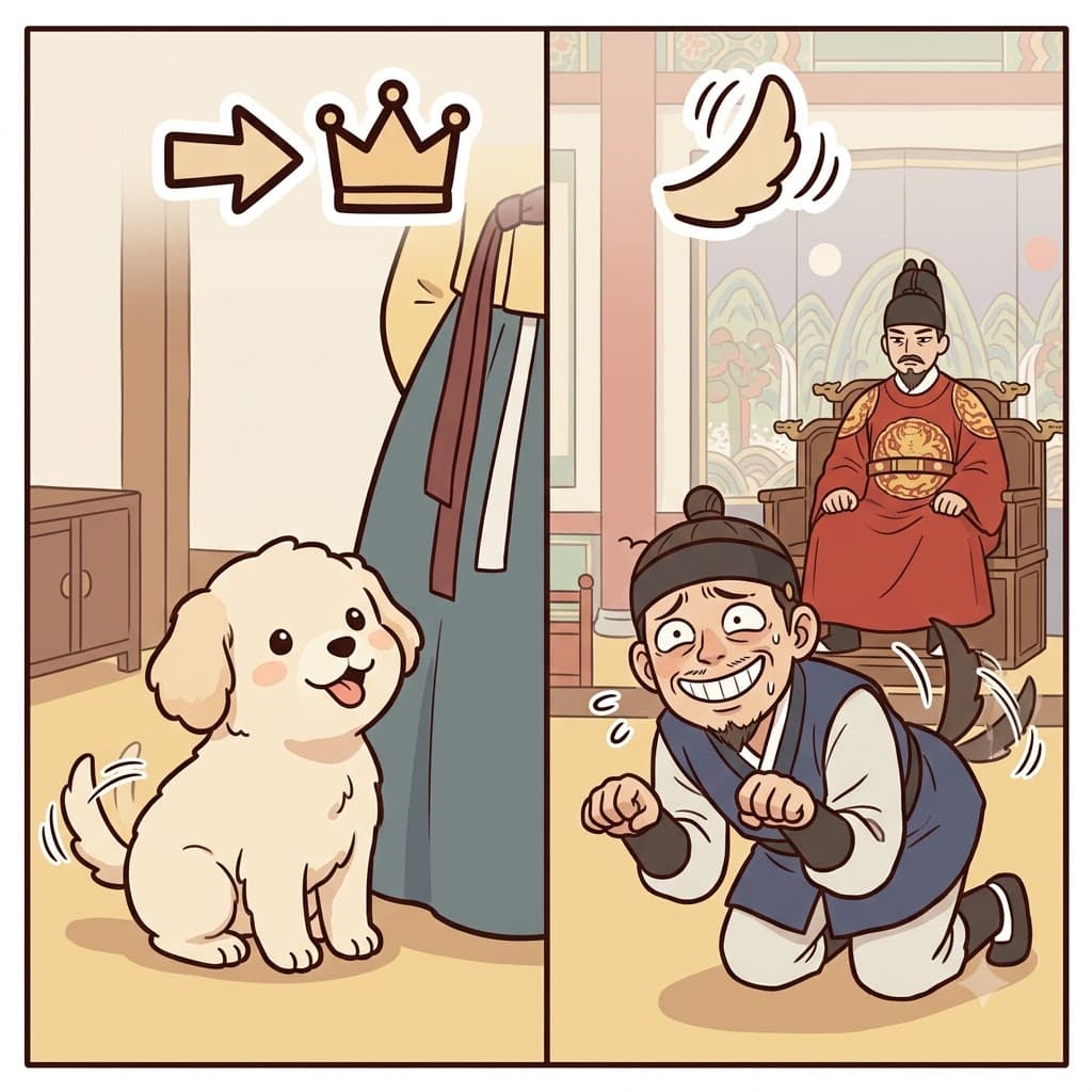 하인이 엄격한 왕을 향해 강아지처럼 굽실거리는 아첨(adulation)은 그의 속셈을 그대로 드러냈다.