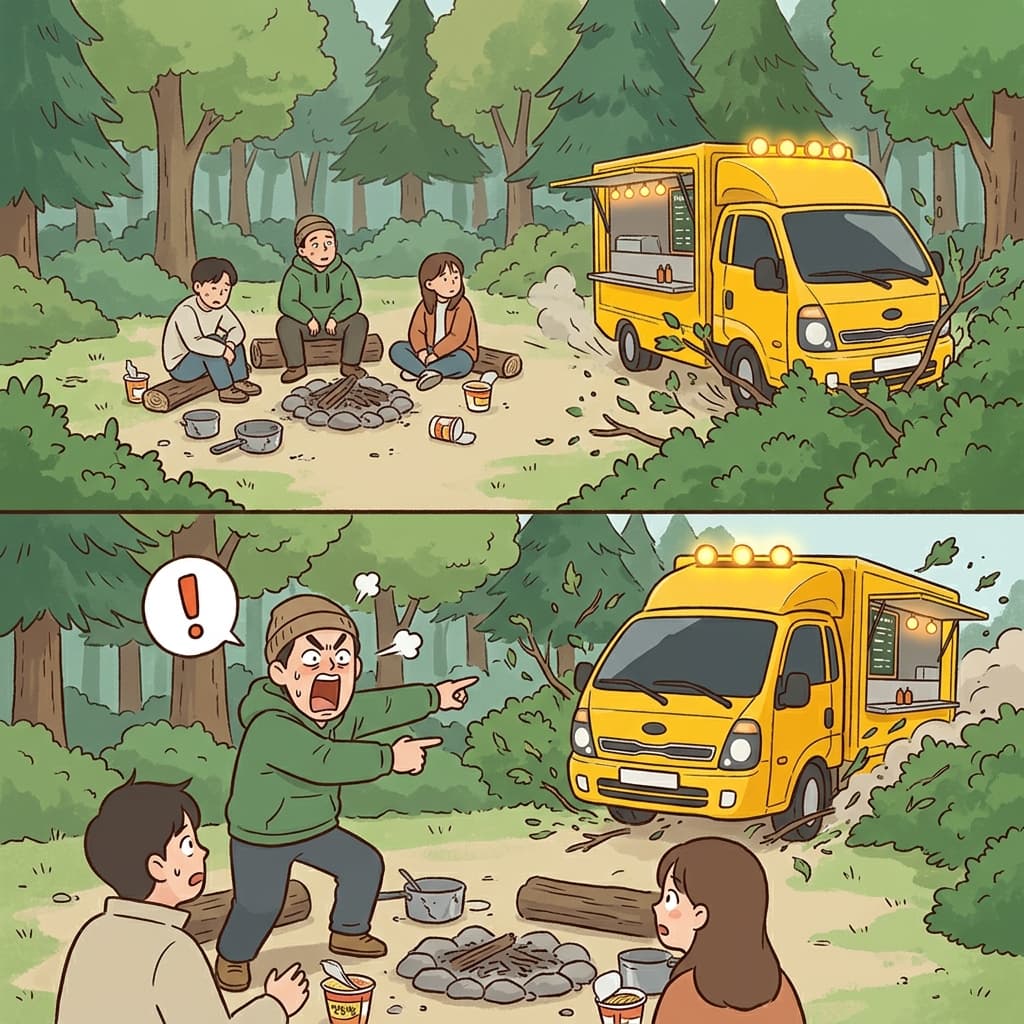굶주린 캠퍼들은 노란색 푸드 밴 트럭의 갑작스러운 출현(도래)에 "어, 드디어!"라고 소리쳤다. (어드벤트 → "어(a) 드(d)디어 벤(ven) 트(t)럭이!")