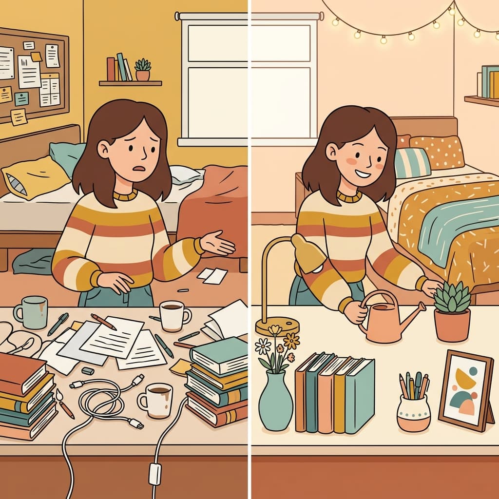 그녀는 색과 장식을 맞춰 감각적인 책상을 꾸몄다. (에스테틱 → "에스테틱 샵처럼 예쁘고 감각적으로 꾸민 느낌")