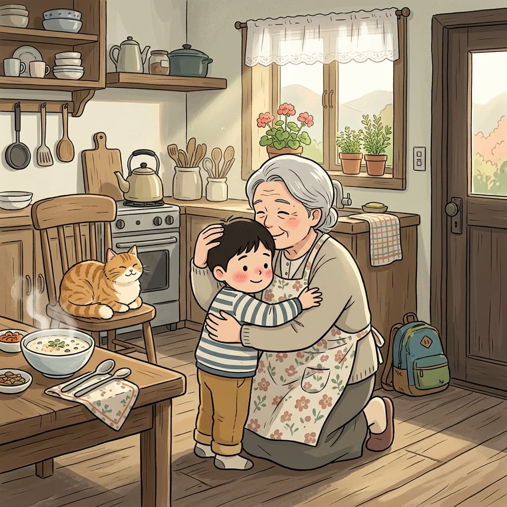 할머니가 손자를 꼭 안아주며 애정 어린 인사를 건넸다.