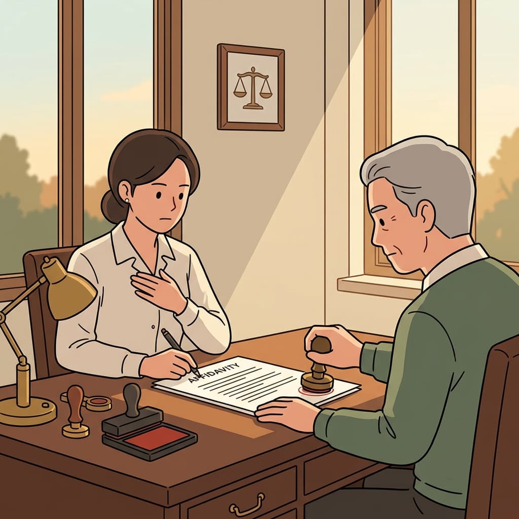 공증인 앞에서 진술서에 서명하며 사실임을 맹세한다.