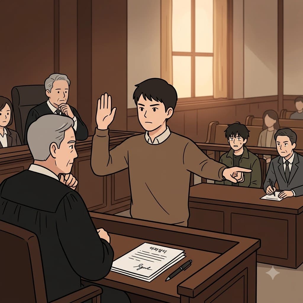 증인은 사건에 대한 선서 진술서(affidavit)가 사실임을 맹세하며 “아, 피고!”라고 말했다. (법정에서 증인이 피고를 가리키며 사실을 진술한다.)