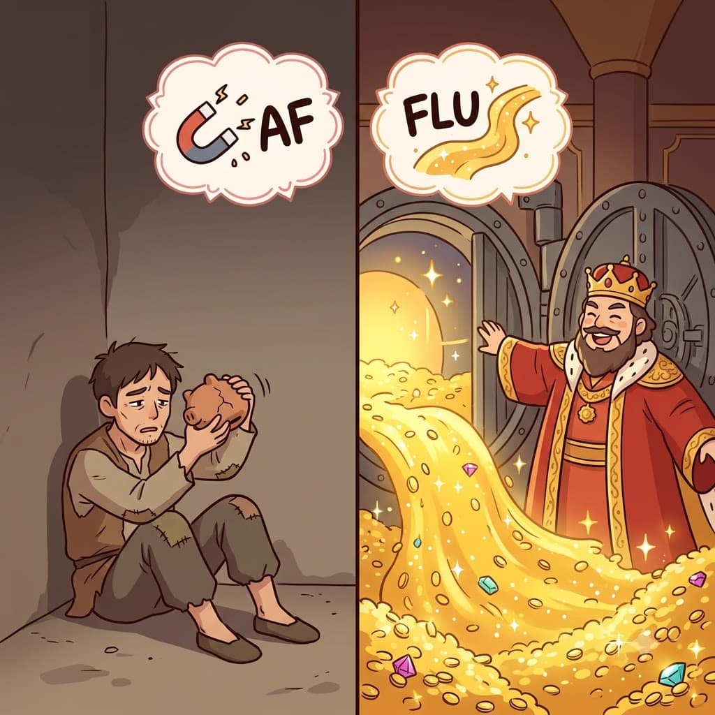 AF (~를 향해) + FLU (흐르다) + ENCE (상태) — 끝없는 황금의 강물이 자신의 금고를 향해(AF) 직접 흘러들어오게(FLU) 함으로써, 왕은 진정한 부유함(affluence)의 상태(ENCE)를 누렸다.
