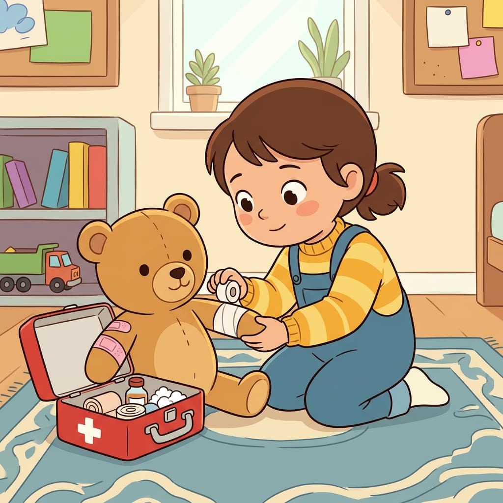아이는 다친 곰인형에게 응급처치를 해 주었다. (에이드 → "응급처치(first aid) 키트가 떠오르는 느낌")
