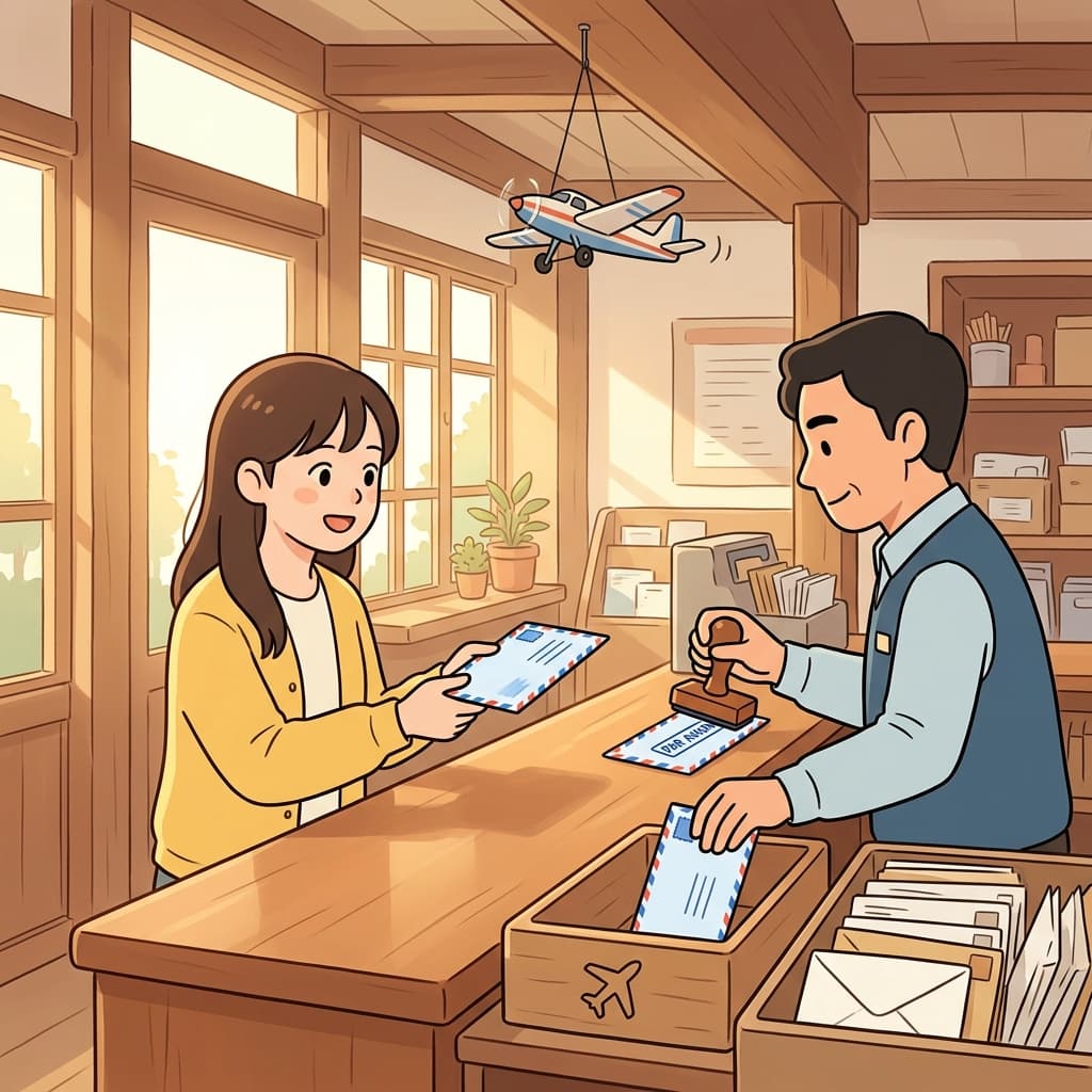 그녀는 파란 줄무늬 봉투에 편지를 담아 해외로 보냈다.
