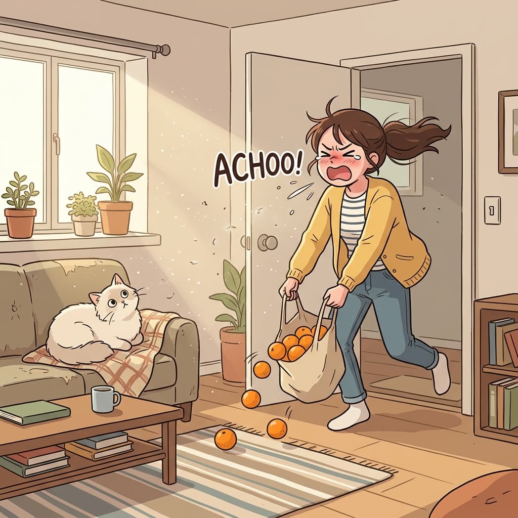 고양이 알레르기 때문에 방에 들어가자마자 재채기가 터졌다.