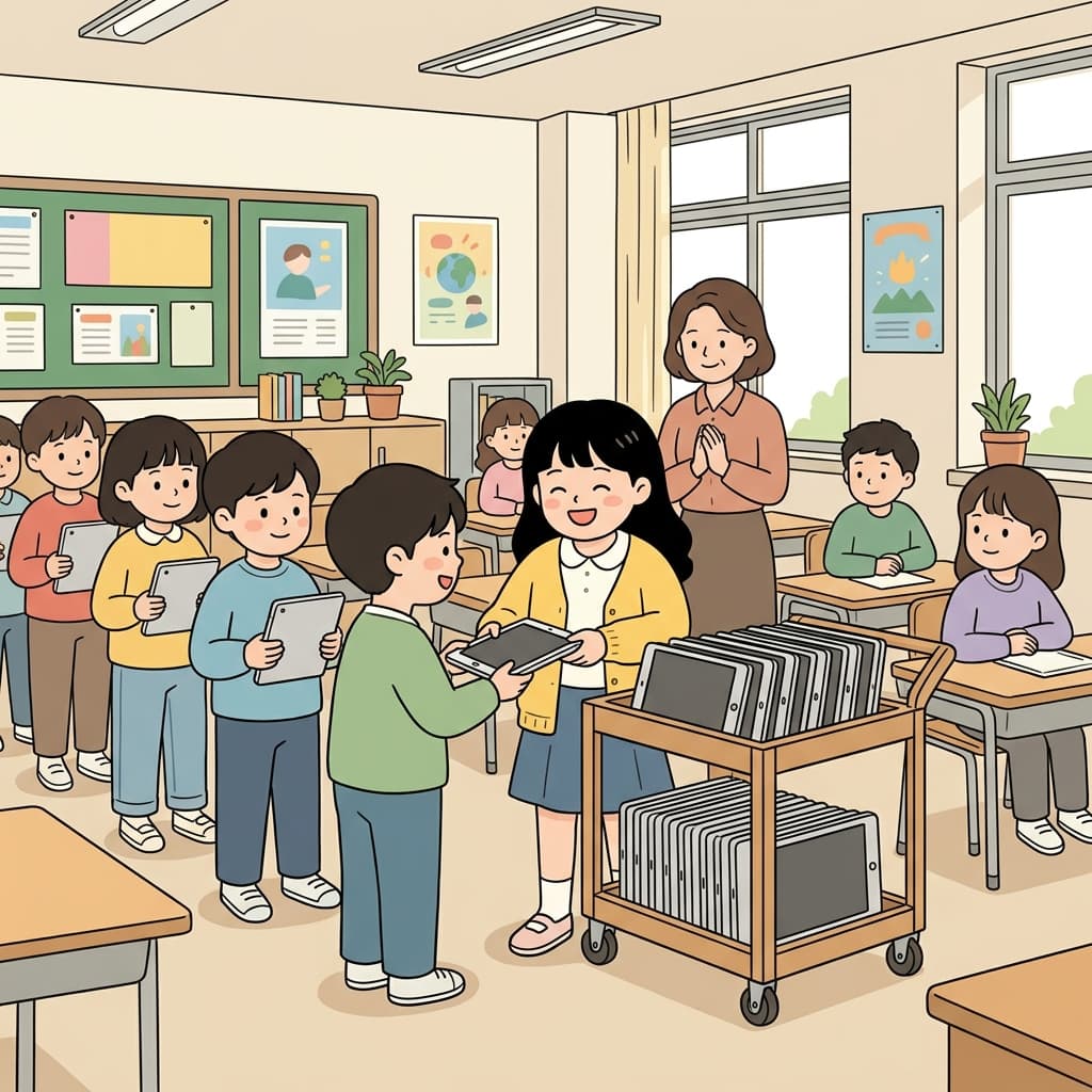 선생님은 수업이 시작되기 전에 태블릿 배정을 모두 마쳤다. ("모두(All)! 자기 위치(Location)로!")