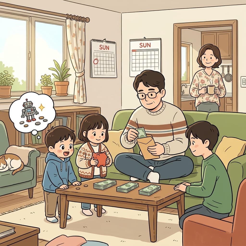 일요일마다 아빠가 아이들에게 용돈을 나눠준다.
