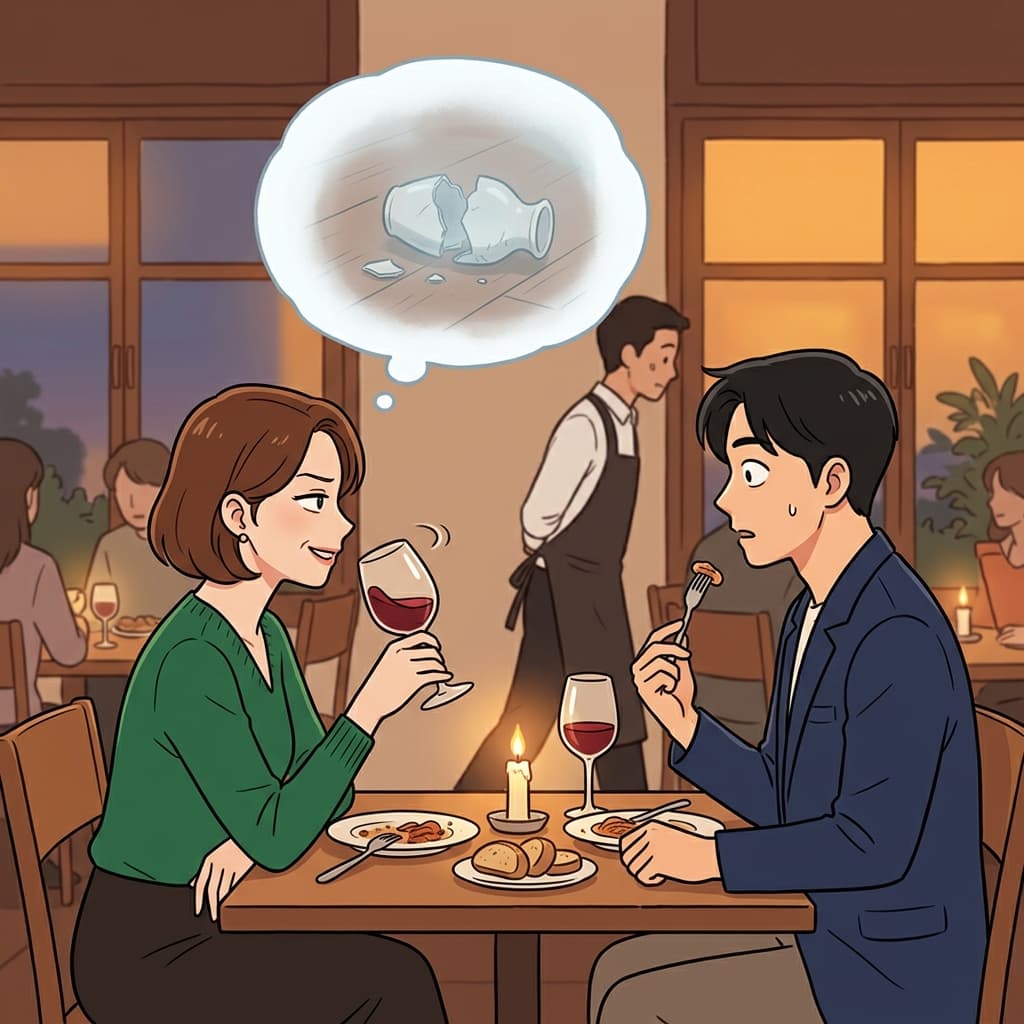 저녁 식사 자리에서 그녀는 그의 옛 실수를 에둘러 언급했다.