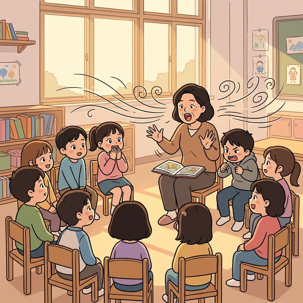 선생님이 동화책을 큰 소리로 읽어주자 아이들이 눈을 반짝인다.