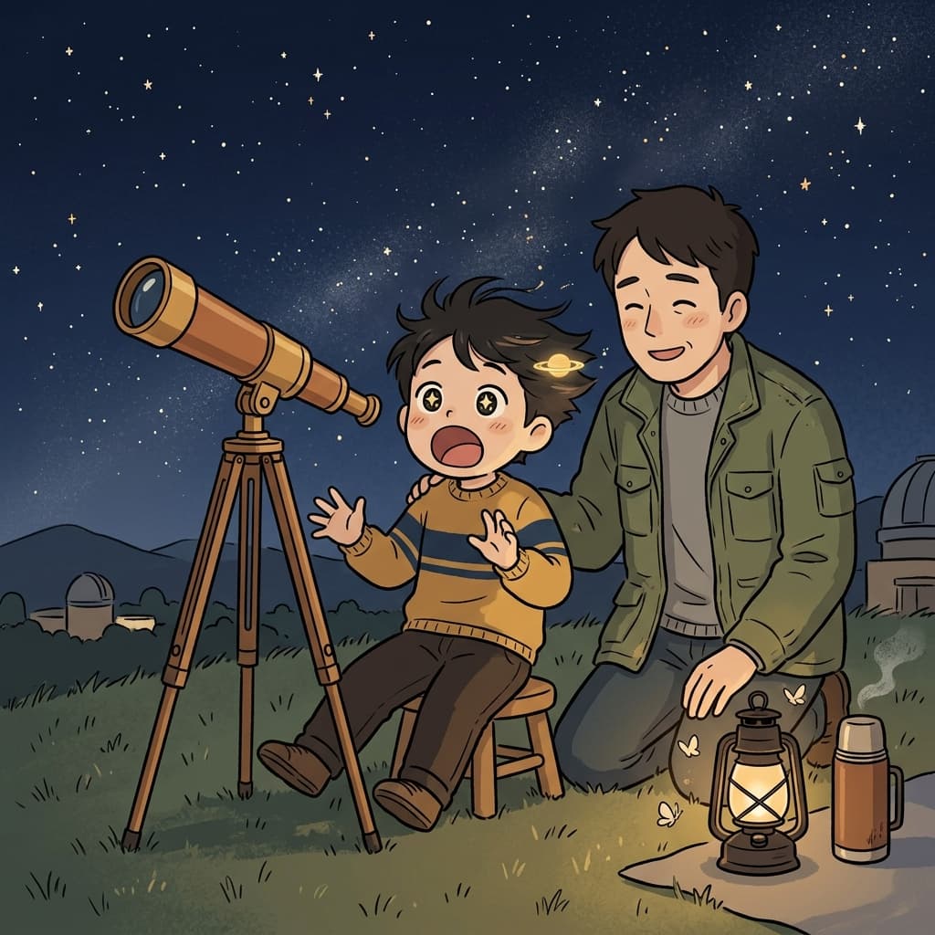 망원경으로 토성의 고리를 본 아이의 눈이 휘둥그레졌다.