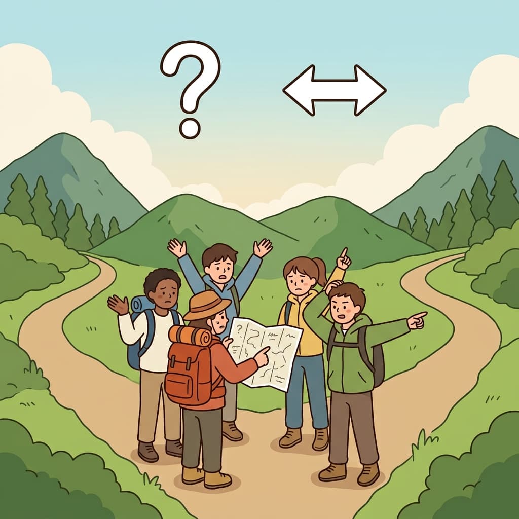 애매한 지도 때문에 등산객들은 어느 길로 가야 할지 몰랐다.