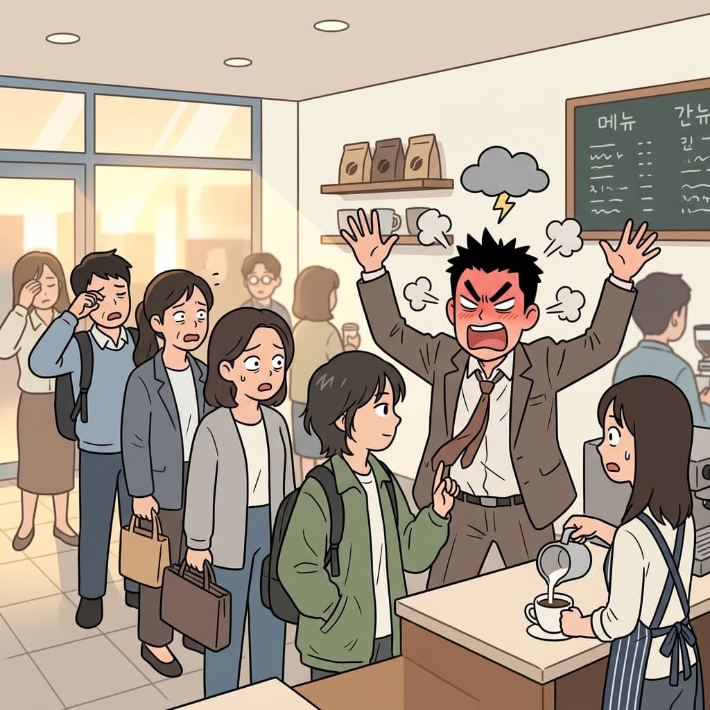 카페에서 누가 새치기하자 그가 버럭 화를 냈다.
