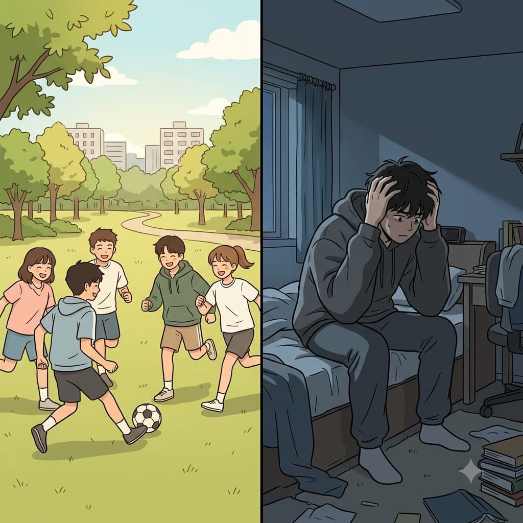 친구들이 밖에서 웃고 있는 동안, 10대 소년은 어두운 방에 홀로 앉아 자신의 미래에 대한 깊은 불안과 고뇌(angst)에 사로잡혀 있었다.
