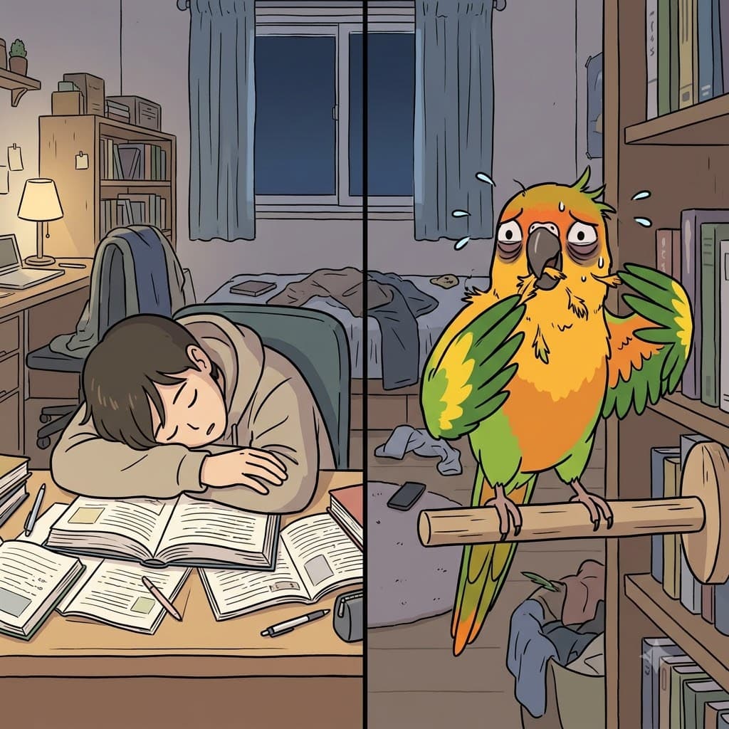 "앵(ang)무새도 스트(st)레스받아!" 학생이 공부하는 것을 보며, 애완 앵무새는 깊은 불안과 고뇌(angst)에 빠져 자신의 깃털을 쥐어뜯었다.