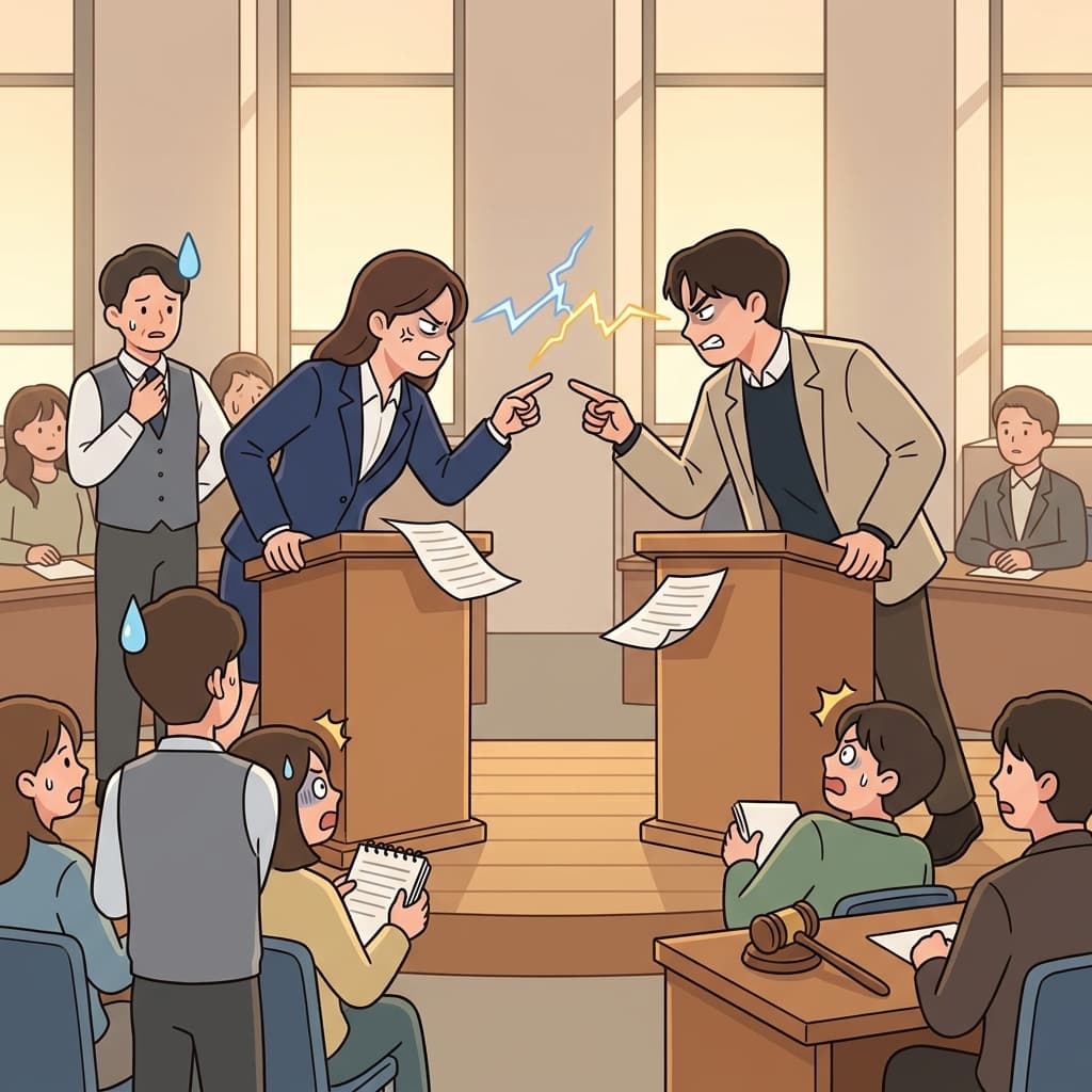 두 토론팀 주장이 무대 위에서 서로를 잔뜩 노려보고 있다.