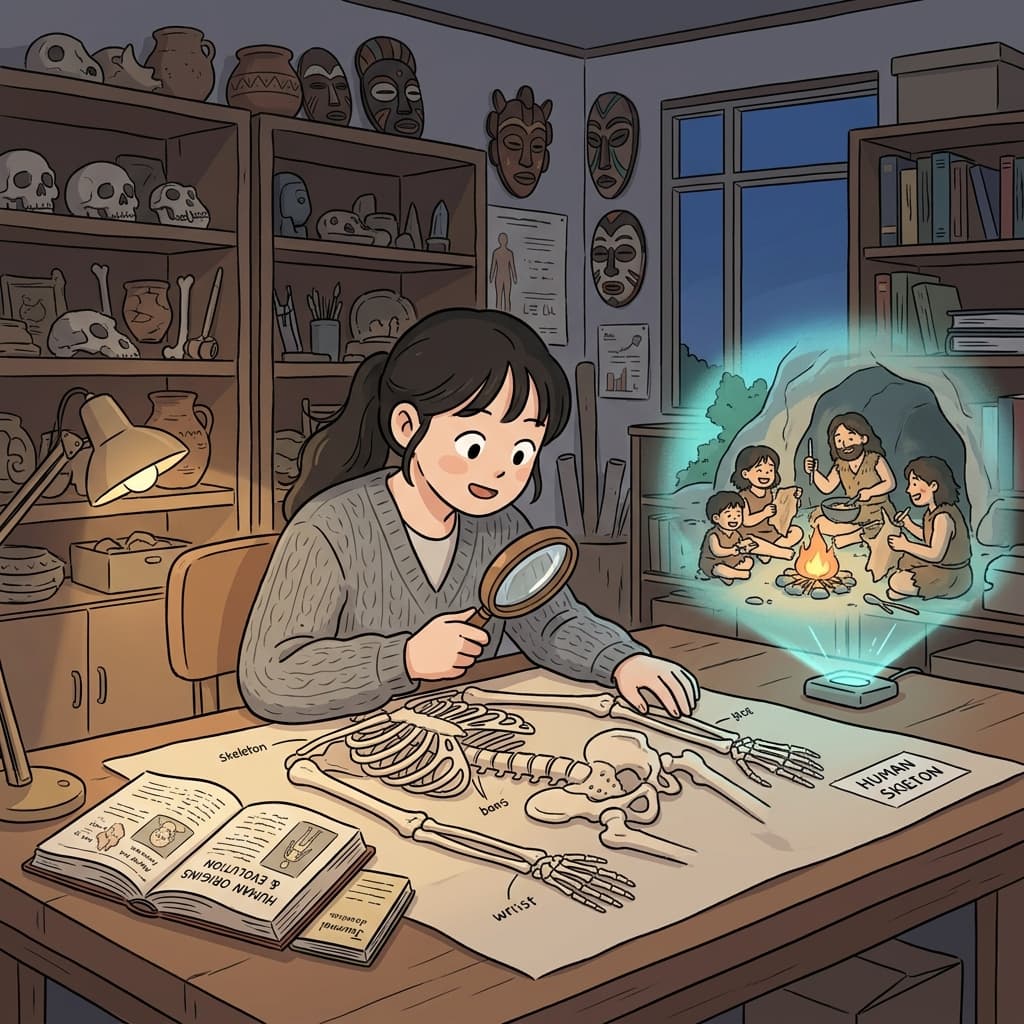 그녀는 옛 사람들이 어떻게 살았는지 알려고 인류학을 공부한다. (앤쓰러폴로지 → '앤(인간) + 쓰로(쓰러진) + 폴로지(학문) → 쓰러진 옛 인간을 연구하는 학문')