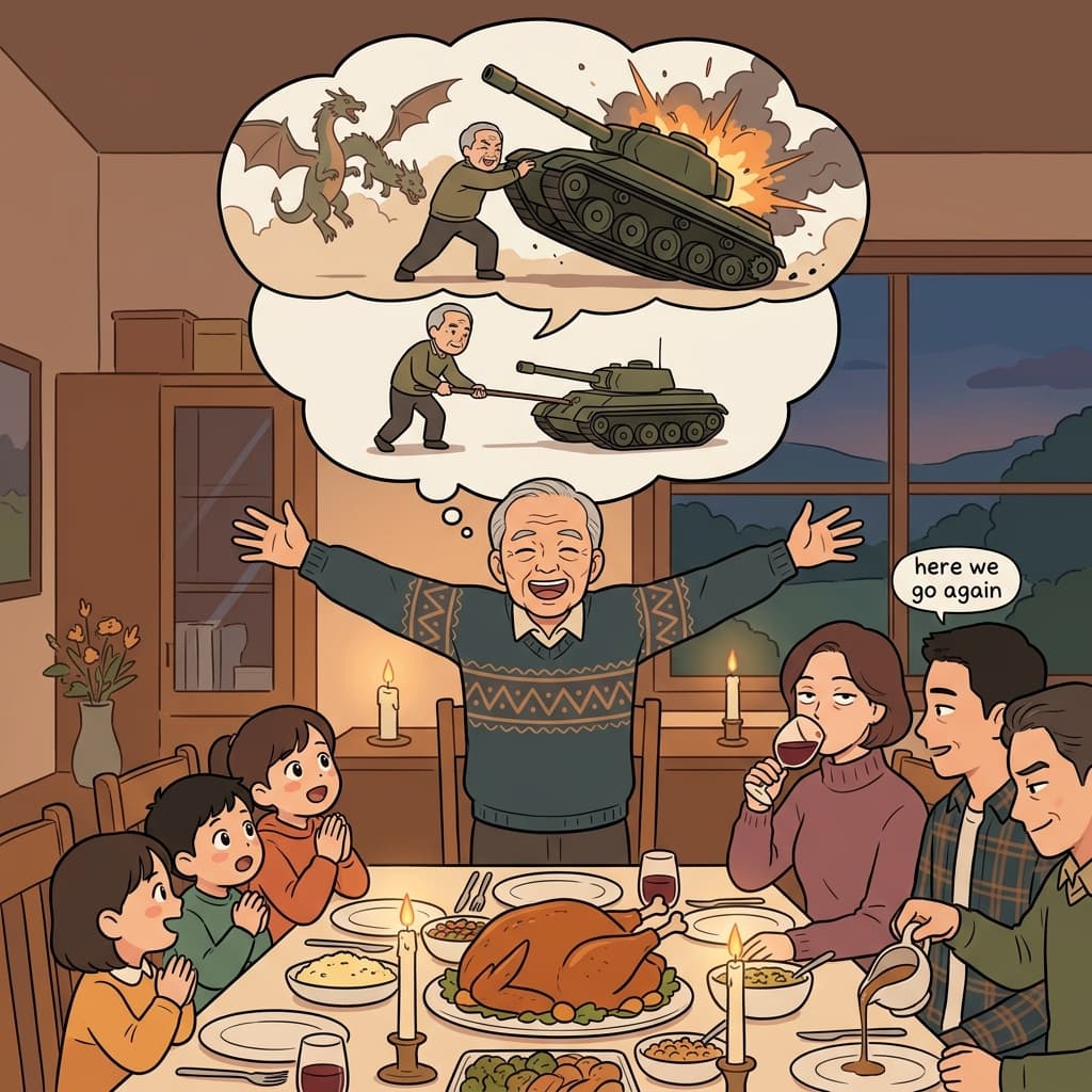 할아버지의 전쟁 무용담은 매년 추수감사절마다 점점 더 부풀려진다.