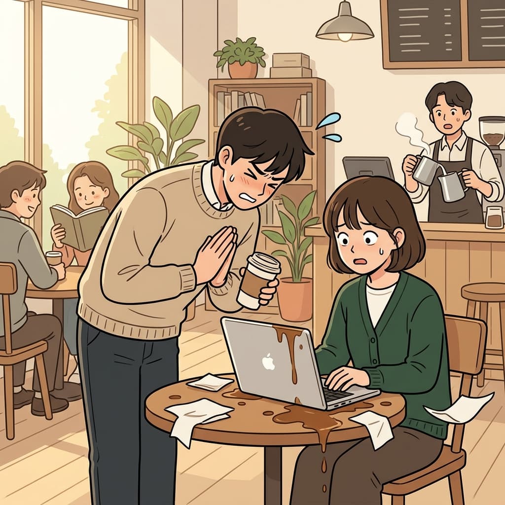 그가 노트북에 커피를 쏟고 깊이 고개 숙여 사과한다.